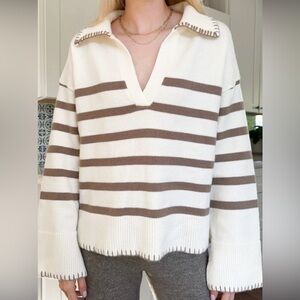 Miou Muse Striped V-Neck Sweater in Cream and Gold